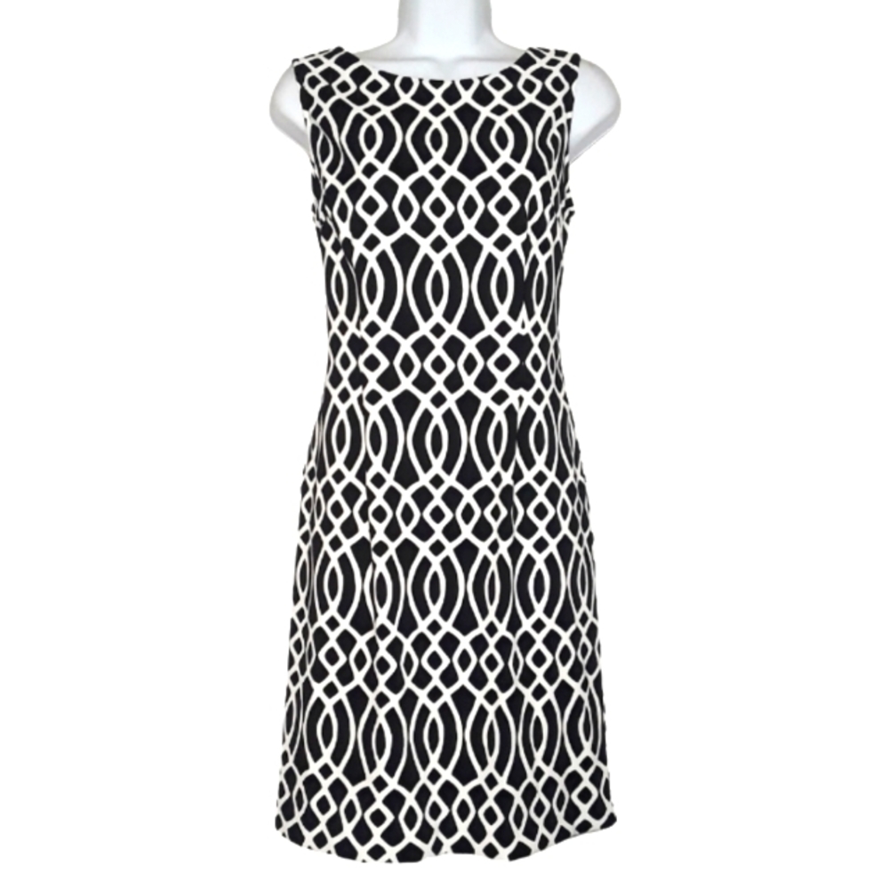 CONNECTED Geometric Sleeveless Black White Print Cocktail Career Dress 6 S